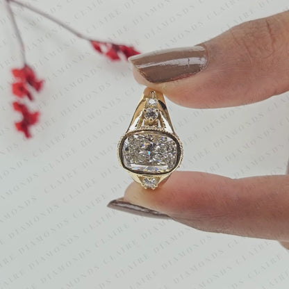 Elongated Cushion Cut Lab Grown Diamond Engagement Ring Bezel Set Ring Art Deco Gold Ring vintage Inspired Bridal Ring  IGI Certified Jewelry