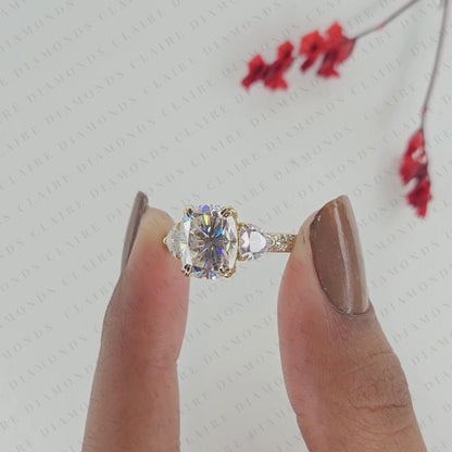 Cushion Cut Three Stone Moissanite Diamond Engagement Ring Trillion Side Stone Diamond Ring Split Shank Pave Ring