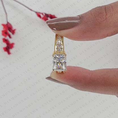 East-West Radiant Cut Lab Grown Diamond Engagement Ring Pavé Band Modern Horizontal Setting Elegant Bridal Jewelry
