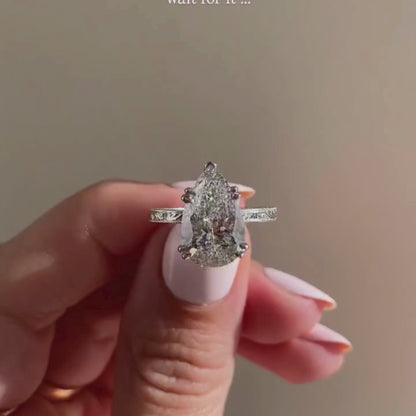 Double Claw Prong Pear Moissanite Engagement Ring Hidden Halo  Wedding Engraved Band Ring