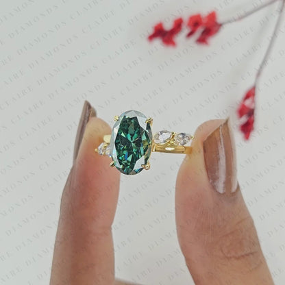 Green Oval Cut Lab Grown Diamond Ring with Marquise Side Stones, Nature Inspired Gold Engagement Ring for Women