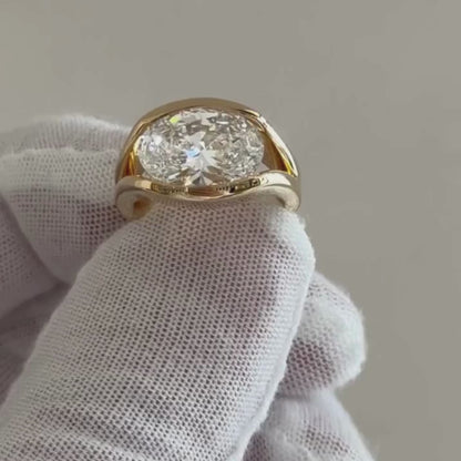 Half Bezel Oval Moissanite Engagement Ring East West Gold Split Shank Wedding Ring