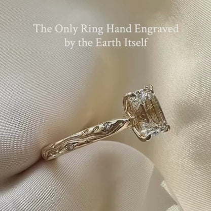 Emerald Cut Moissanite Engagement Ring Gold Solitaire Engraved Ring