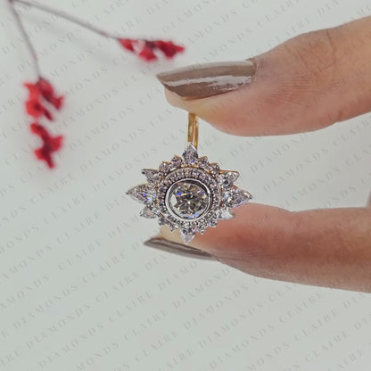 Round Cut Lab Grown Diamond Halo Engagement Ring Floral Sunburst Design with Pear Diamond Accents in Gold