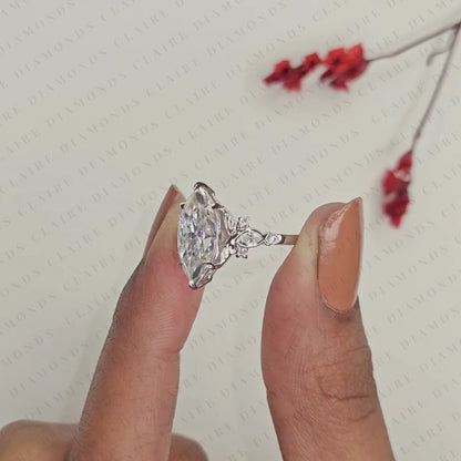 Marquise Cut Lab Grown Diamond Engagement Ring Nature Inspired Floral Ring Vintage Leaf Wedding Ring Unique Proposal Ring