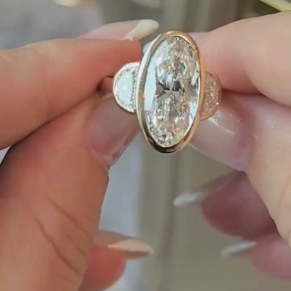 Bezel Set Elongated Oval Cut Engagement Ring Three Stone  Oval Lab Grown Ring  Past Present Future Ring Wedding Rings For Her