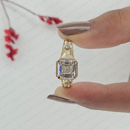 Asscher Cut Moissanite Diamond Ring With Round Side Stone, Vintage Engraved Art Deco Band Engagement Ring Solid Gold Gift.