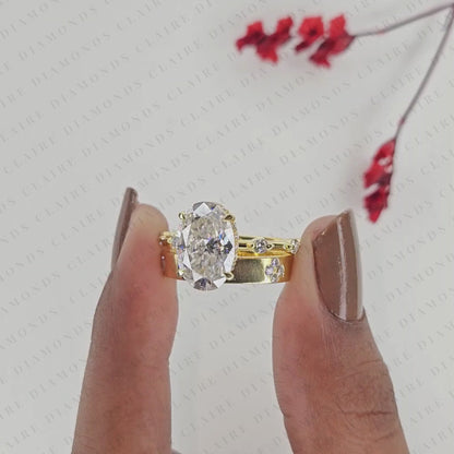 Oval Cut Lab Grown Diamond Engagement Ring Set Floral Accent Vintage Inspired Diamond Ring