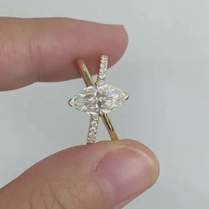 Marquise Cut Moissanite Diamond Crossover Ring in Elegant Pavé Band Engagement Ring