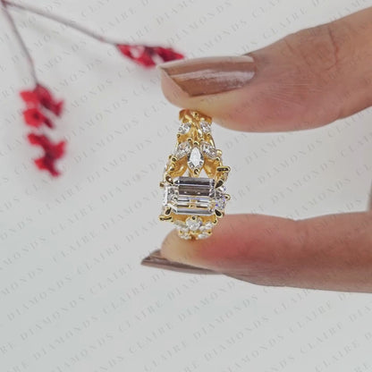 Modified Emerald Cut Lab Grown Diamond Engagement Ring Floral Vintage Halo Ring Unique Gold Bridal Ring Statement Wedding Jewelry