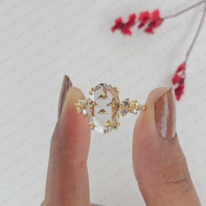Rose Cut Oval Lab Grown Diamond Ring, Vintage Floral Engagement Ring, Yellow Gold, Nature Inspired Ring