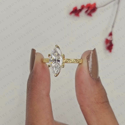 Marquise Cut Lab Grown Diamond Engagement Ring, Vintage Engraved Gold Solitaire Ring, IGI Certified Diamond Ring, Unique Bridal Jewelry
