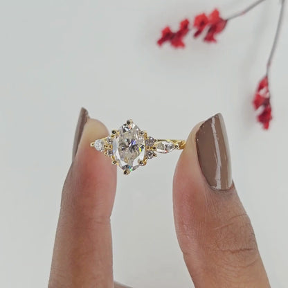 Curved Chevron Wedding Band Set with Elongated Oval Cut Lab Grown Diamond Ring | Vintage V-Shaped Bridal Set | Unique Anniversary Ring for Women