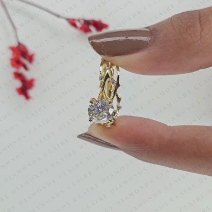 Round Cut Lab Grown Diamond Bridal Ring Set | Yellow Gold Botanical Vine Band | Nature Inspired Floral Bridal Ring | Unique Modern Wedding Jewelry