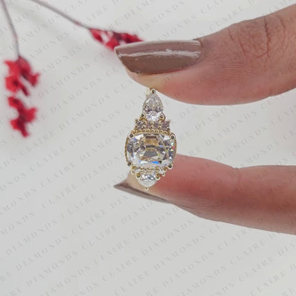 Old Mine Elongated Cushion Cut Moissanite Engagement Ring, Milgrain Bezel Setting, Pear Side Stone Halo, Yellow Gold Vintage Inspired Bridal Ring