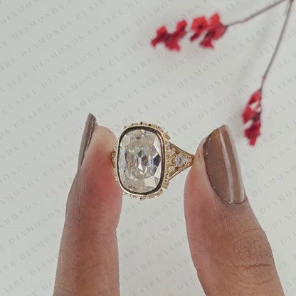 Vintage Elongated Cushion Cut Moissanite Diamond Engagement Ring | Bezel Set Statement Ring | Unique Gold Anniversary Ring for Women.