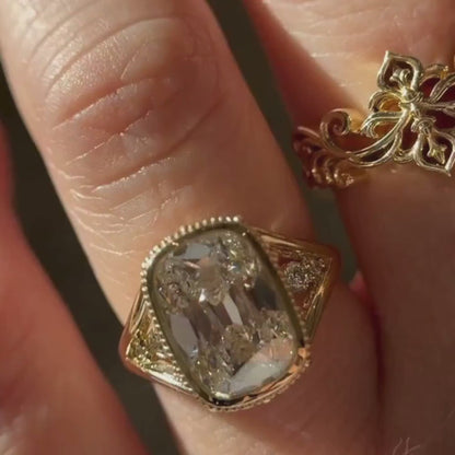 Old Mine Elongated Cushion Lab Grown Engagement Ring Bezel Set Vintage Inspired Ring