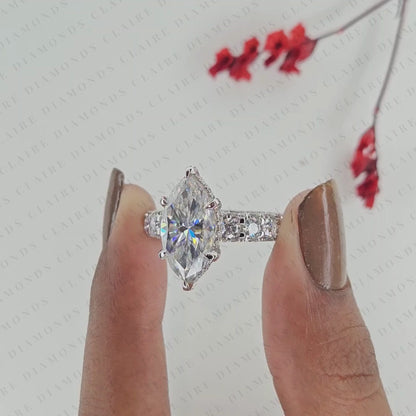 Marquise Cut Lab Grown Diamond Engagement Ring, Pavé Diamond Band, Elegant White Gold Bridal Ring, Unique Halo Ring