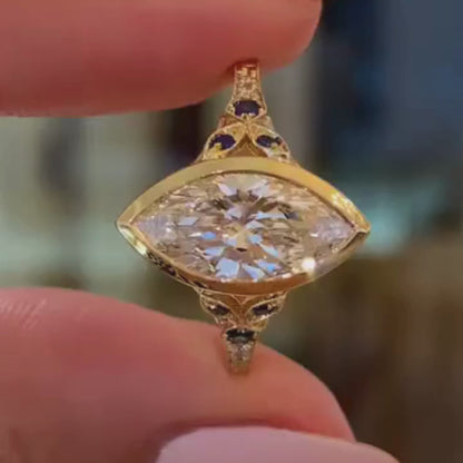 Art Deco Bezel Set Marquise Moissanite Engagement Ring Vintage Gold Wedding Ring