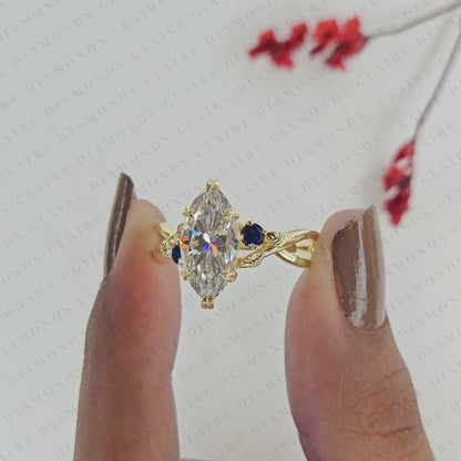 Marquise Moissanite Diamond Ring, Nature Inspired Leaf Engagement Ring, Vintage Floral Ring, Sapphire Gold Promise Ring