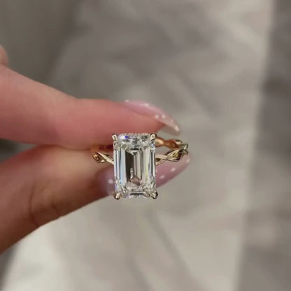 Twisted Band  Emerald Moissanite Hidden Halo Engagement Ring Gold Wedding Anniversary Ring