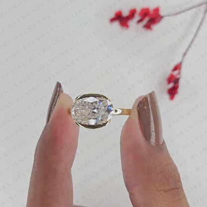 Oval Cut Lab Grown Diamond Hidden Halo Ring Engagement Ring, Yellow Gold, East West Ring, Half Bezel Solitaire Wedding Ring