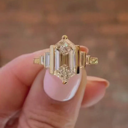 Half Bezel Hexagon Lab Grown Vintage Engagement Ring Art deco Gold Wedding Nature Inspired Rings Anniversary Ring