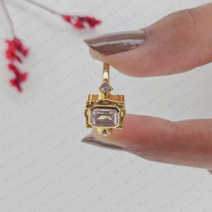 Emerald Cut Three Stone Bezel Set Lab Grown Diamond Engagement Ring | Yellow Gold Bezel Ring with Round Side Diamonds | Sculpted Luxury Bridal Ring