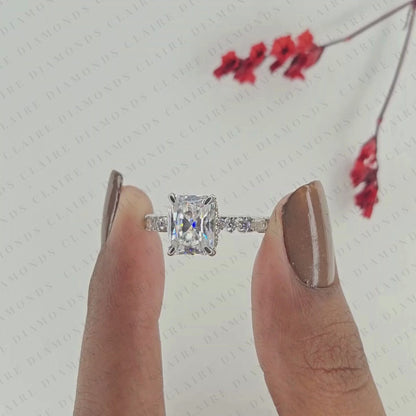 Radiant Cut Moissanite Diamond Engagement Ring with Round and Baguette Side Stone Accents