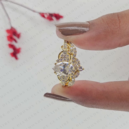 Pear Cut Moissanite Diamond Bridal Ring Set | Nature-Inspired Twisted Leaf Yellow Gold Engagement Ring