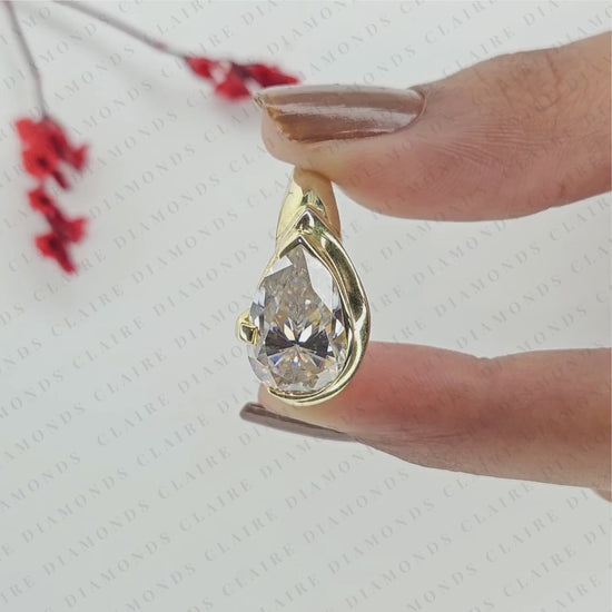 East West Pear Cut Moissanite Diamond Engagement Ring Bezel Set Gold Solitaire Wedding Ring Unique Anniversary Jewelry