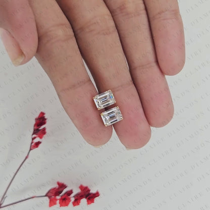 Emerald Cut Moissanite Diamond Stud Solitaire Earrings, Elegant Diamond Studs, Modern Minimalist Diamond Jewelry