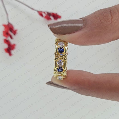 2.10 TCW Round Lab Grown Diamond Band with Blue Sapphire Accents Unique Gold Eternity Wedding Ring Vintage Inspired Stackable Band for Women
