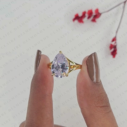Pear Cut Solitaire Lab Grown Diamond Engagement Ring Open Split Shank Promise Ring Minimalist Bridal Ring for Women