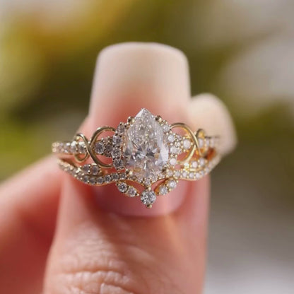 Pear Cut Lab Grown Engagement Ring Set Solid Gold Bridal Set