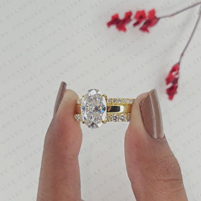 Oval Lab Grown Diamond Engagement Ring Set with Diamond Eternity & Bubble Band in Yellow Gold