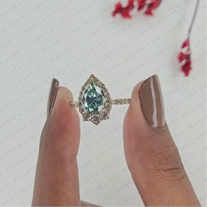 Blue Pear Cut Moissanite Diamond Halo Engagement Ring Vintage Inspired Pave Bridal Ring Unique Anniversary Ring for Women