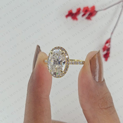 Oval Lab Grown Diamond Hidden Halo Ring, Pave Engagement Ring, Yellow Gold, Pave Band, Oval Wedding Ring