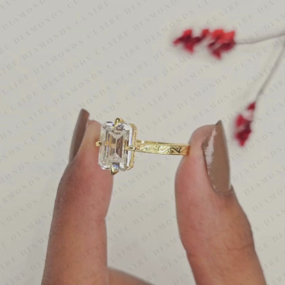Emerald Cut Lab Grown Diamond Engagement Ring, Vintage Engraved Gold Solitaire Ring, IGI Certified Diamond Ring, Unique Bridal Ring