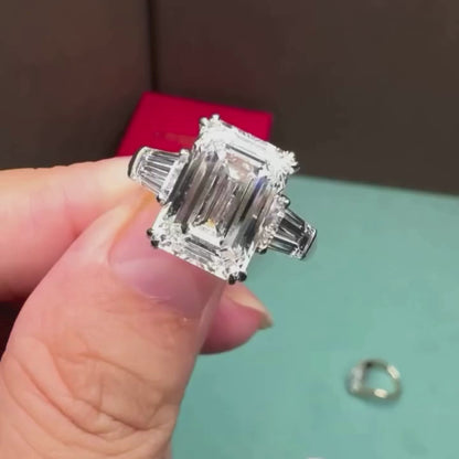 Emerald Cut Moissanite Engagement Ring Three Stone Gold Wedding Ring
