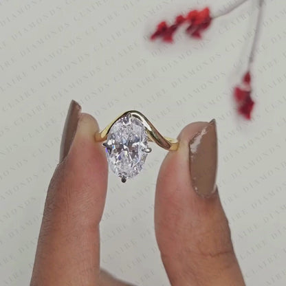 Oval Cut Solitaire Lab Grown Diamonds Two Tone Engagement Ring with Sculpted Gold Band – Modern Elegance Redefined