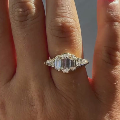 1.30 TCW Elegant Emerald Cut Multi-Stone Moissanite Diamond Ring with Trillion Side Accents in Gold Ring