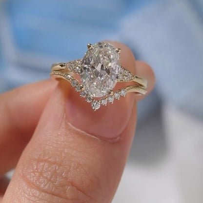 Oval Lab Grown Bridal Engagement Ring Set Vintage Inspired Wedding Ring Set