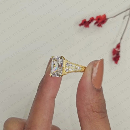 Radiant Cut Lab Grown Diamond Engagement Ring Vintage Milgrain Split Shank Pave Diamond Ring Unique Bridal Ring for Women