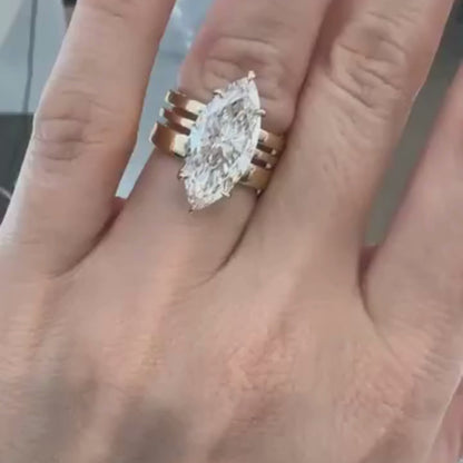 Marquise Cut Moissanite Engagement Ring Trio Band Solitaire Ring Solid Gold Wedding Ring Anniversary Ring  For Women