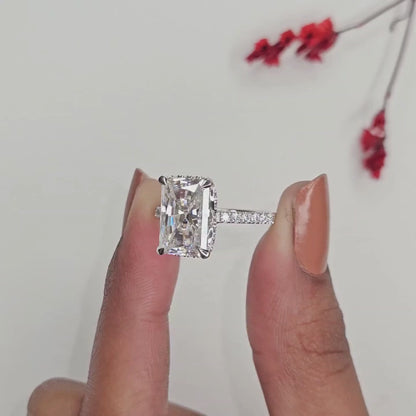 Radiant Cut Hidden Halo Lab Grown Diamonds Engagement Ring with Pavé Band – Luxurious Brilliance for Your Forever