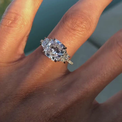 Cushion Three Stone Cut Lab Grown Engagement Ring Hidden Halo Solid Gold Wedding Ring Past Present Future Ring Anniversary Ring