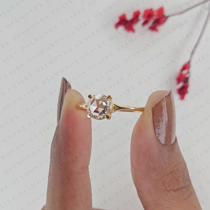 Rose Cut Round Moissanite Diamond Solitaire Engagement Ring in Gold, Promise Ring, Yellow Gold
