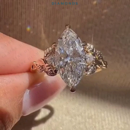 Marquise Cut Lab Grown Diamond Engagement Ring Nature Inspired Gold Vine Ring with Leaf Vintage Luxury Wedding Ring for Women