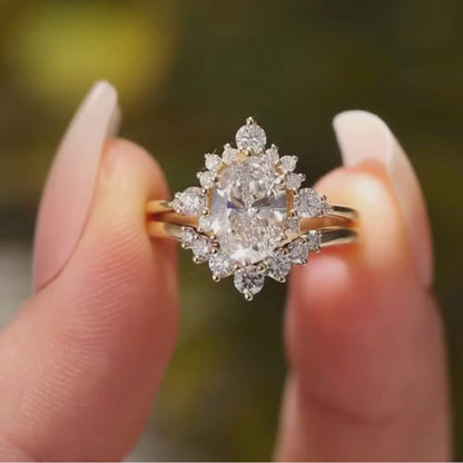 Oval Cut Lab Grown Engagement Ring Set Gold Bridal Wedding Ring Set